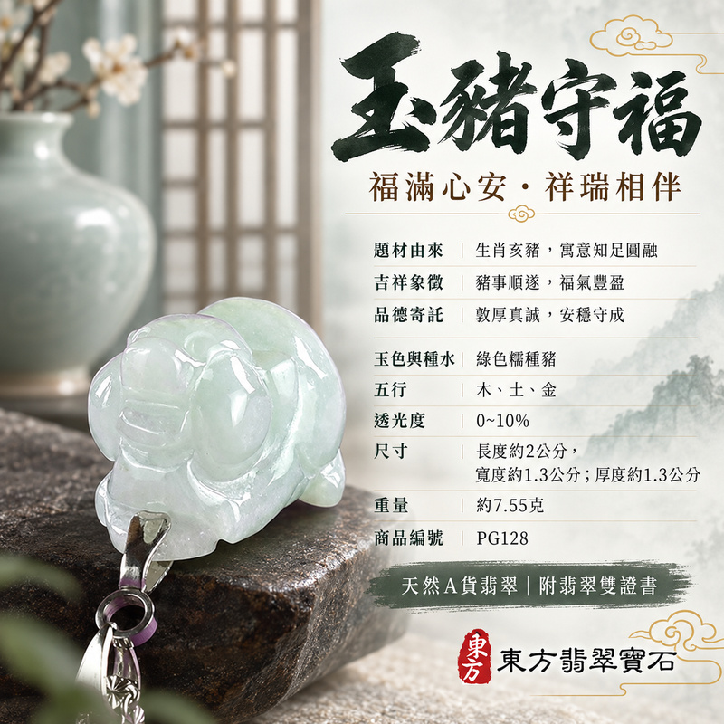 翡翠生肖豬項鍊玉珮｜福氣圓滿・豐足安泰・家庭和樂・福運相隨・平安吉祥・萬事如意｜天然A貨翡翠・緬甸玉・綠色・糯種｜豬事如意｜豬玉珮・豬玉墜・豬吊墜・翡翠豬牌・豬項鍊・緬甸玉項鍊・A貨翡翠項鍊｜PG128｜男女翡翠項鍊・送禮收藏｜客製化訂做翡翠豬玉珮、翡翠豬玉墜、翡翠豬吊墜、翡翠豬項鍊｜附A貨翡翠雙證書・東方翡翠寶石