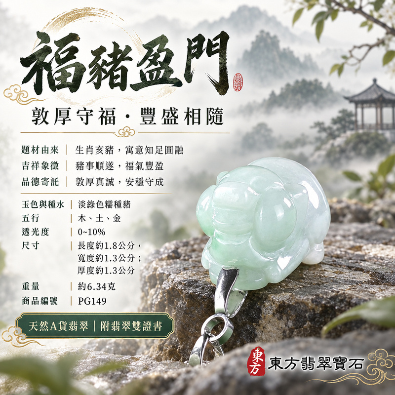 翡翠生肖豬項鍊玉珮｜福氣圓滿・豐足安泰・家庭和樂・福運相隨・平安吉祥・萬事如意｜天然A貨翡翠・緬甸玉・淡綠色・糯種｜豬事如意｜豬玉珮・豬玉墜・豬吊墜・翡翠豬牌・豬項鍊・緬甸玉項鍊・A貨翡翠項鍊｜PG149｜男女翡翠項鍊・送禮收藏｜客製化訂做翡翠豬玉珮、翡翠豬玉墜、翡翠豬吊墜、翡翠豬項鍊｜附A貨翡翠雙證書・東方翡翠寶石