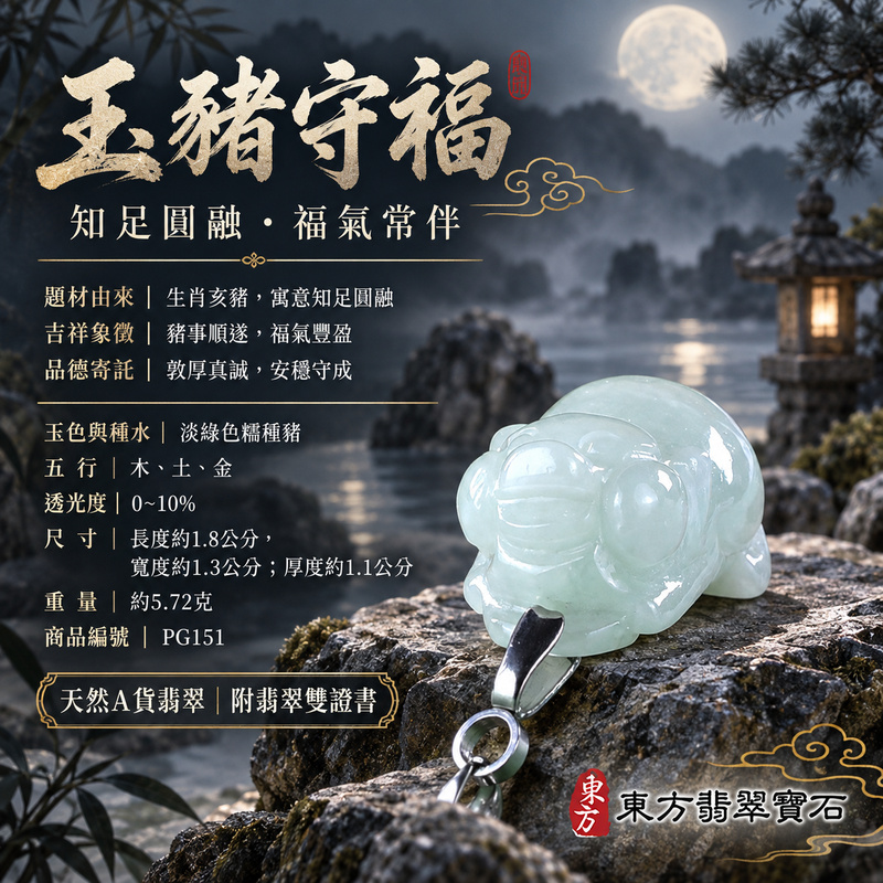 翡翠生肖豬項鍊玉珮｜福氣圓滿・豐足安泰・家庭和樂・福運相隨・平安吉祥・萬事如意｜天然A貨翡翠・緬甸玉・淡綠色・糯種｜豬事如意｜豬玉珮・豬玉墜・豬吊墜・翡翠豬牌・豬項鍊・緬甸玉項鍊・A貨翡翠項鍊｜PG151｜男女翡翠項鍊・送禮收藏｜客製化訂做翡翠豬玉珮、翡翠豬玉墜、翡翠豬吊墜、翡翠豬項鍊｜附A貨翡翠雙證書・東方翡翠寶石