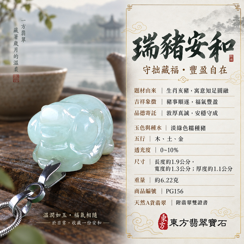 翡翠生肖豬項鍊玉珮｜福氣圓滿・豐足安泰・家庭和樂・福運相隨・平安吉祥・萬事如意｜天然A貨翡翠・緬甸玉・淡綠色・糯種｜豬事如意｜豬玉珮・豬玉墜・豬吊墜・翡翠豬牌・豬項鍊・緬甸玉項鍊・A貨翡翠項鍊｜PG156｜男女翡翠項鍊・送禮收藏｜客製化訂做翡翠豬玉珮、翡翠豬玉墜、翡翠豬吊墜、翡翠豬項鍊｜附A貨翡翠雙證書・東方翡翠寶石