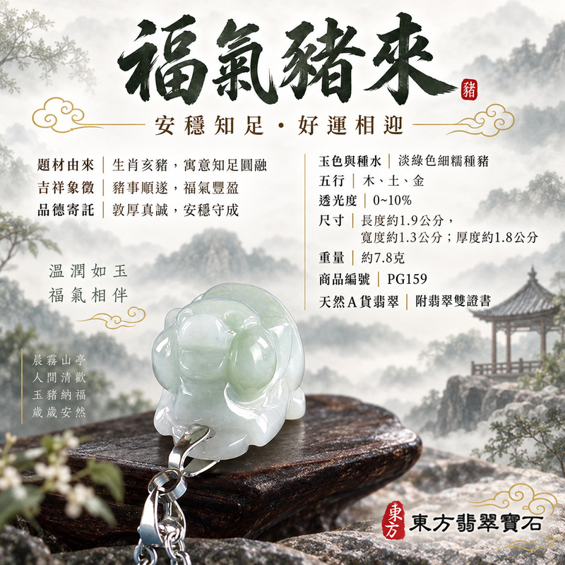 翡翠生肖豬項鍊玉珮｜福氣圓滿・豐足安泰・家庭和樂・福運相隨・平安吉祥・萬事如意｜天然A貨翡翠・緬甸玉・淡綠色・細糯種｜豬事如意｜豬玉珮・豬玉墜・豬吊墜・翡翠豬牌・豬項鍊・緬甸玉項鍊・A貨翡翠項鍊｜PG159｜男女翡翠項鍊・送禮收藏｜客製化訂做翡翠豬玉珮、翡翠豬玉墜、翡翠豬吊墜、翡翠豬項鍊｜附A貨翡翠雙證書・東方翡翠寶石