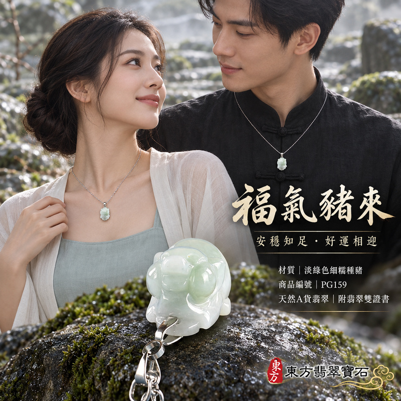 翡翠生肖豬項鍊玉珮｜福氣圓滿・豐足安泰・家庭和樂・福運相隨・平安吉祥・萬事如意｜天然A貨翡翠・緬甸玉・淡綠色・細糯種｜豬事如意｜豬玉珮・豬玉墜・豬吊墜・翡翠豬牌・豬項鍊・緬甸玉項鍊・A貨翡翠項鍊｜PG159｜男女翡翠項鍊・送禮收藏｜客製化訂做翡翠豬玉珮、翡翠豬玉墜、翡翠豬吊墜、翡翠豬項鍊｜附A貨翡翠雙證書・東方翡翠寶石