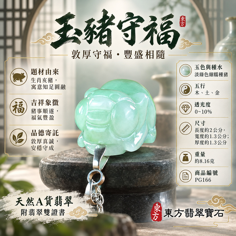 翡翠生肖豬項鍊玉珮｜福氣圓滿・豐足安泰・家庭和樂・福運相隨・平安吉祥・萬事如意｜天然A貨翡翠・緬甸玉・淡綠色・細糯種｜豬事如意｜豬玉珮・豬玉墜・豬吊墜・翡翠豬牌・豬項鍊・緬甸玉項鍊・A貨翡翠項鍊｜PG166｜男女翡翠項鍊・送禮收藏｜客製化訂做翡翠豬玉珮、翡翠豬玉墜、翡翠豬吊墜、翡翠豬項鍊｜附A貨翡翠雙證書・東方翡翠寶石
