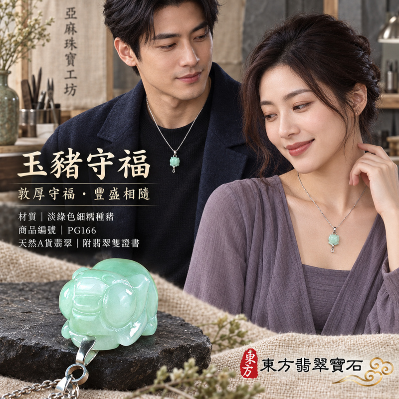 翡翠生肖豬項鍊玉珮｜福氣圓滿・豐足安泰・家庭和樂・福運相隨・平安吉祥・萬事如意｜天然A貨翡翠・緬甸玉・淡綠色・細糯種｜豬事如意｜豬玉珮・豬玉墜・豬吊墜・翡翠豬牌・豬項鍊・緬甸玉項鍊・A貨翡翠項鍊｜PG166｜男女翡翠項鍊・送禮收藏｜客製化訂做翡翠豬玉珮、翡翠豬玉墜、翡翠豬吊墜、翡翠豬項鍊｜附A貨翡翠雙證書・東方翡翠寶石