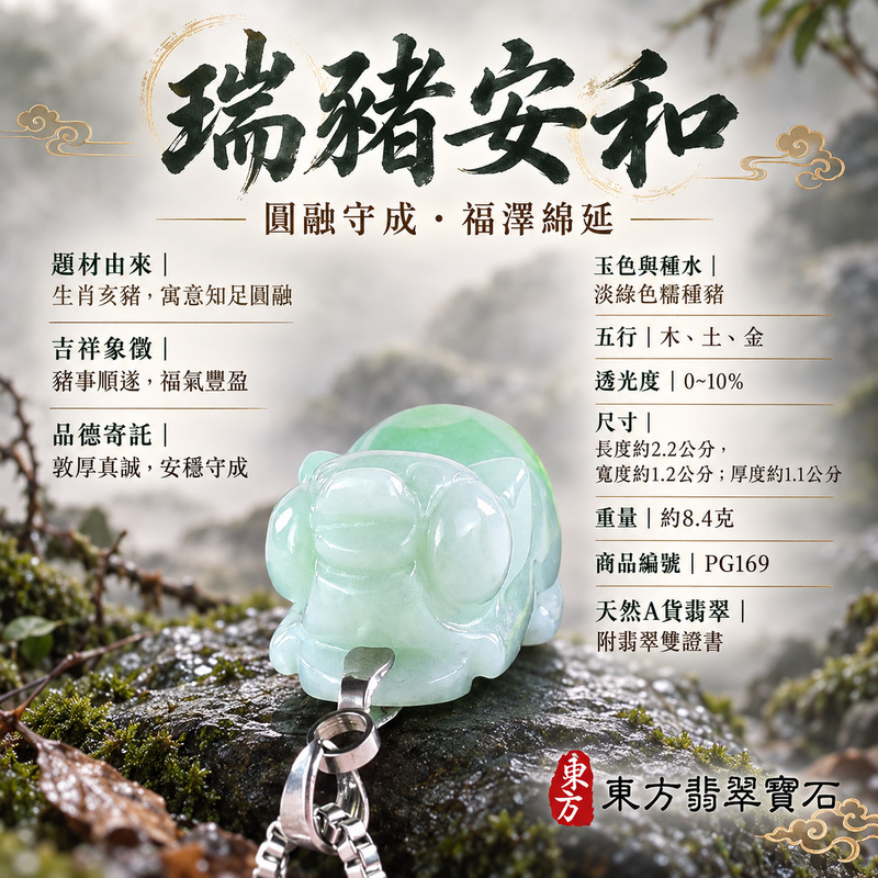 翡翠生肖豬項鍊玉珮｜福氣圓滿・豐足安泰・家庭和樂・福運相隨・平安吉祥・萬事如意｜天然A貨翡翠・緬甸玉・淡綠色・糯種｜豬事如意｜豬玉珮・豬玉墜・豬吊墜・翡翠豬牌・豬項鍊・緬甸玉項鍊・A貨翡翠項鍊｜PG169｜男女翡翠項鍊・送禮收藏｜客製化訂做翡翠豬玉珮、翡翠豬玉墜、翡翠豬吊墜、翡翠豬項鍊｜附A貨翡翠雙證書・東方翡翠寶石