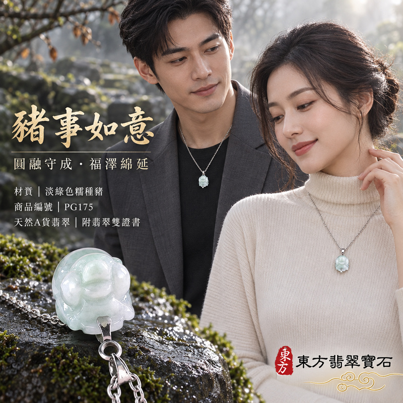 已售出可訂做｜翡翠生肖豬項鍊玉珮｜福氣圓滿・豐足安泰・家庭和樂・福運相隨・平安吉祥・萬事如意｜天然A貨翡翠・緬甸玉・淡綠色・糯種｜豬事如意｜豬玉珮・豬玉墜・豬吊墜・翡翠豬牌・豬項鍊・緬甸玉項鍊・A貨翡翠項鍊｜PG175｜男女翡翠項鍊・送禮收藏｜客製化訂做翡翠豬玉珮、翡翠豬玉墜、翡翠豬吊墜、翡翠豬項鍊｜附A貨翡翠雙證書・東方翡翠寶石