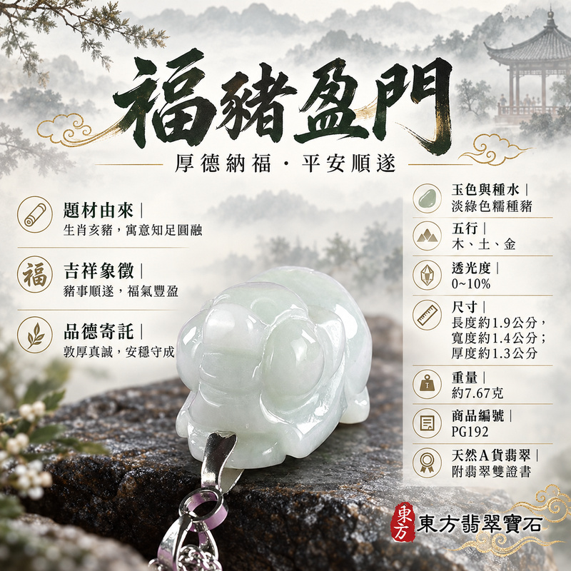 翡翠生肖豬項鍊玉珮|福氣圓滿・豐足安泰・家庭和樂・福運相隨・平安吉祥・萬事如意|天然A貨翡翠・緬甸玉・淡綠色・糯種|豬事如意|豬玉珮・豬玉墜・豬吊墜・翡翠豬牌・豬項鍊・緬甸玉項鍊・A貨翡翠項鍊|PG192|男女翡翠項鍊・送禮收藏|客製化訂做翡翠豬玉珮、翡翠豬玉墜、翡翠豬吊墜、翡翠豬項鍊|附A貨翡翠雙證書・東方翡翠寶石 翡翠生肖豬項鍊玉珮|福氣圓滿・豐足安泰・家庭和樂・福運相隨・平安吉祥・萬事如意|天然A貨翡翠・緬甸玉・淡綠色・糯種|豬事如意|豬玉珮・豬玉墜・豬吊墜・翡翠豬牌・豬項鍊・緬甸玉項鍊・A貨翡翠項鍊|PG192|男女翡翠項鍊・送禮收藏|客製化訂做翡翠豬玉珮、翡翠豬玉墜、翡翠豬吊墜、翡翠豬項鍊|附A貨翡翠雙證書・東方翡翠寶石