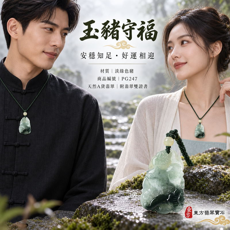翡翠生肖豬項鍊玉珮｜福氣圓滿・豐足安泰・家庭和樂・福運相隨・平安吉祥・萬事如意｜天然A貨翡翠・緬甸玉・淡綠色｜豬事如意｜豬玉珮・豬玉墜・豬吊墜・翡翠豬牌・豬項鍊・緬甸玉項鍊・A貨翡翠項鍊｜PG247｜男女翡翠項鍊・送禮收藏｜客製化訂做翡翠豬玉珮、翡翠豬玉墜、翡翠豬吊墜、翡翠豬項鍊｜附A貨翡翠雙證書・東方翡翠寶石