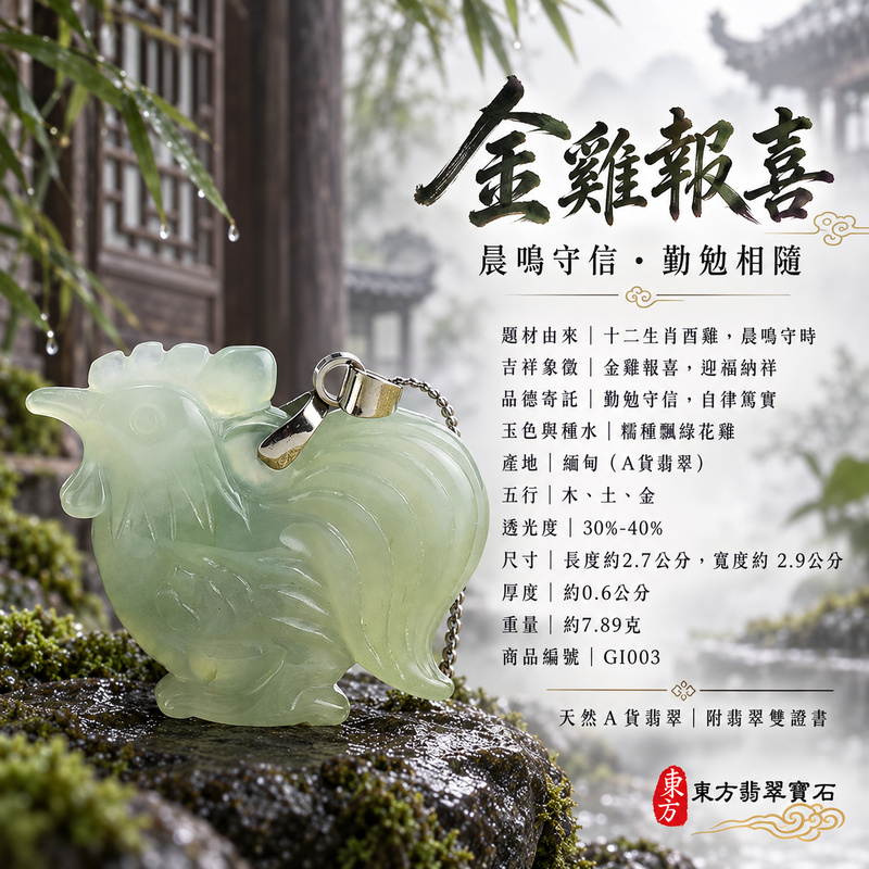 已售出可訂做|翡翠生肖雞項鍊玉珮|金雞報喜・勤勉守時・吉祥納福・前程光明・平安吉祥|天然A貨翡翠・緬甸玉・糯種・飄綠花|金雞報喜|雞玉珮・雞玉墜・雞吊墜・翡翠雞牌・雞項鍊・緬甸玉項鍊・A貨翡翠項鍊|GI003|男女翡翠項鍊・送禮收藏|客製化訂做翡翠雞玉珮、翡翠雞玉墜、翡翠雞吊墜、翡翠雞項鍊|附A貨翡翠雙證書・東方翡翠寶石 已售出可訂做|翡翠生肖雞項鍊玉珮|金雞報喜・勤勉守時・吉祥納福・前程光明・平安吉祥|天然A貨翡翠・緬甸玉・糯種・飄綠花|金雞報喜|雞玉珮・雞玉墜・雞吊墜・翡翠雞牌・雞項鍊・緬甸玉項鍊・A貨翡翠項鍊|GI003|男女翡翠項鍊・送禮收藏|客製化訂做翡翠雞玉珮、翡翠雞玉墜、翡翠雞吊墜、翡翠雞項鍊|附A貨翡翠雙證書・東方翡翠寶石