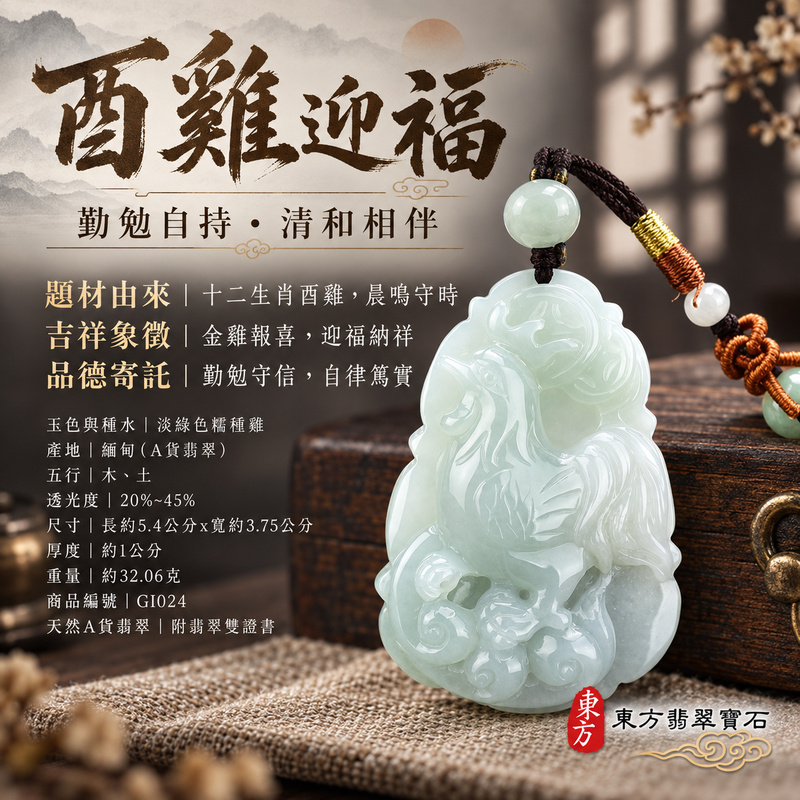 已售出可訂做｜翡翠生肖雞項鍊玉珮｜金雞報喜・勤勉守時・吉祥納福・前程光明・平安吉祥・萬事如意｜天然A貨翡翠・緬甸玉・淡綠色・糯種｜雞祥如意｜雞玉珮・雞玉墜・雞吊墜・翡翠雞牌・雞項鍊・緬甸玉項鍊・A貨翡翠項鍊｜GI024｜男女翡翠項鍊・送禮收藏｜客製化訂做翡翠雞玉珮、翡翠雞玉墜、翡翠雞吊墜、翡翠雞項鍊｜附A貨翡翠雙證書・東方翡翠寶石