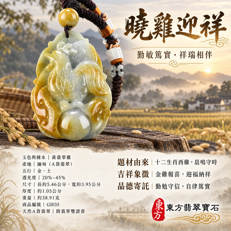 翡翠生肖雞項鍊玉珮｜金雞報喜・勤勉守時・吉祥納福・前程光明・平安吉祥・萬事如意｜天然A貨翡翠・緬甸玉・黃翡翠｜雞祥如意｜雞玉珮・雞玉墜・雞吊墜・翡翠雞牌・雞項鍊・緬甸玉項鍊・A貨翡翠項鍊｜GI035｜男女翡翠項鍊・送禮收藏｜客製化訂做翡翠雞玉珮、翡翠雞玉墜、翡翠雞吊墜、翡翠雞項鍊｜附A貨翡翠雙證書・東方翡翠寶石