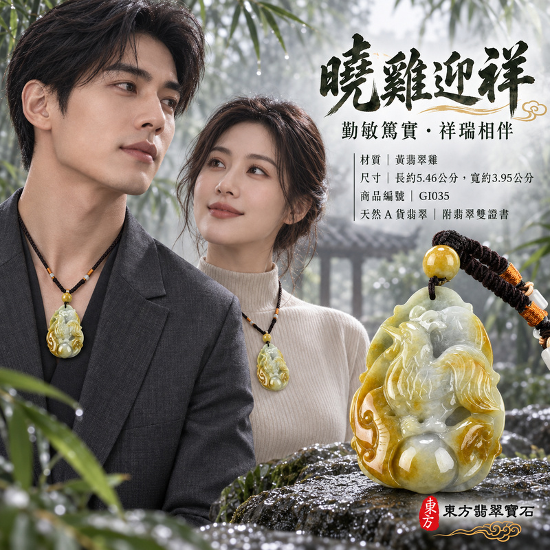 翡翠生肖雞項鍊玉珮｜金雞報喜・勤勉守時・吉祥納福・前程光明・平安吉祥・萬事如意｜天然A貨翡翠・緬甸玉・黃翡翠｜雞祥如意｜雞玉珮・雞玉墜・雞吊墜・翡翠雞牌・雞項鍊・緬甸玉項鍊・A貨翡翠項鍊｜GI035｜男女翡翠項鍊・送禮收藏｜客製化訂做翡翠雞玉珮、翡翠雞玉墜、翡翠雞吊墜、翡翠雞項鍊｜附A貨翡翠雙證書・東方翡翠寶石