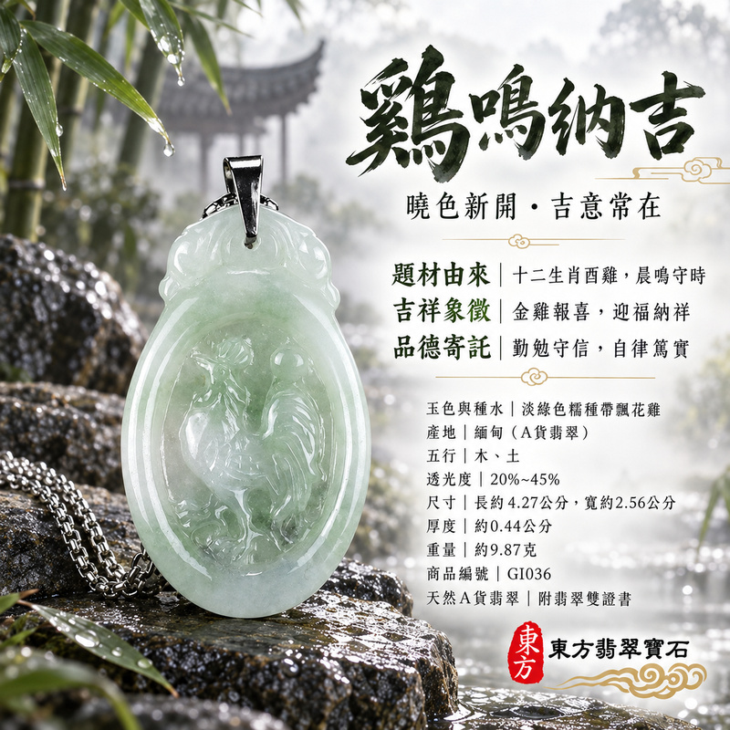 已售出可訂做｜翡翠生肖雞項鍊玉珮｜金雞報喜・勤勉守時・吉祥納福・前程光明・平安吉祥・萬事如意｜天然A貨翡翠・緬甸玉・淡綠色・糯種・帶飄花｜雞祥如意｜雞玉珮・雞玉墜・雞吊墜・翡翠雞牌・雞項鍊・緬甸玉項鍊・A貨翡翠項鍊｜GI036｜男女翡翠項鍊・送禮收藏｜客製化訂做翡翠雞玉珮、翡翠雞玉墜、翡翠雞吊墜、翡翠雞項鍊｜附A貨翡翠雙證書・東方翡翠寶石