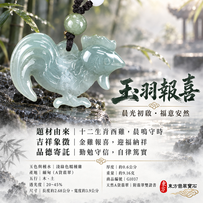 翡翠生肖雞項鍊玉珮|金雞報喜・勤勉守時・吉祥納福・前程光明・平安吉祥|天然A貨翡翠・緬甸玉・淺綠色・糯種|金雞報喜|雞玉珮・雞玉墜・雞吊墜・翡翠雞牌・雞項鍊・緬甸玉項鍊・A貨翡翠項鍊|GI037|男女翡翠項鍊・送禮收藏|客製化訂做翡翠雞玉珮、翡翠雞玉墜、翡翠雞吊墜、翡翠雞項鍊|附A貨翡翠雙證書・東方翡翠寶石 翡翠生肖雞項鍊玉珮|金雞報喜・勤勉守時・吉祥納福・前程光明・平安吉祥|天然A貨翡翠・緬甸玉・淺綠色・糯種|金雞報喜|雞玉珮・雞玉墜・雞吊墜・翡翠雞牌・雞項鍊・緬甸玉項鍊・A貨翡翠項鍊|GI037|男女翡翠項鍊・送禮收藏|客製化訂做翡翠雞玉珮、翡翠雞玉墜、翡翠雞吊墜、翡翠雞項鍊|附A貨翡翠雙證書・東方翡翠寶石
