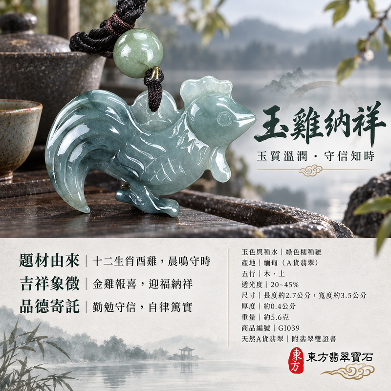 已售出可訂做｜翡翠生肖雞項鍊玉珮｜金雞報喜・勤勉守時・吉祥納福・前程光明・平安吉祥｜天然A貨翡翠・緬甸玉・綠色・糯種｜金雞報喜｜雞玉珮・雞玉墜・雞吊墜・翡翠雞牌・雞項鍊・緬甸玉項鍊・A貨翡翠項鍊｜GI039｜男女翡翠項鍊・送禮收藏｜客製化訂做翡翠雞玉珮、翡翠雞玉墜、翡翠雞吊墜、翡翠雞項鍊｜附A貨翡翠雙證書・東方翡翠寶石