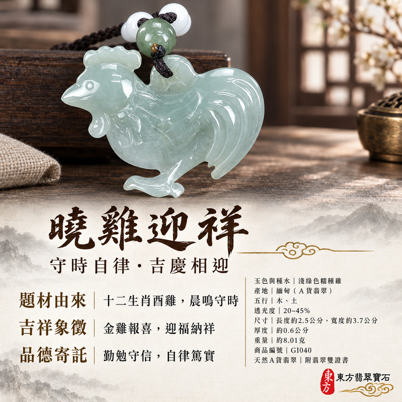 已售出可訂做|翡翠生肖雞項鍊玉珮|金雞報喜・勤勉守時・吉祥納福・前程光明・平安吉祥|天然A貨翡翠・緬甸玉・淺綠色・糯種|金雞報喜|雞玉珮・雞玉墜・雞吊墜・翡翠雞牌・雞項鍊・緬甸玉項鍊・A貨翡翠項鍊|GI040|男女翡翠項鍊・送禮收藏|客製化訂做翡翠雞玉珮、翡翠雞玉墜、翡翠雞吊墜、翡翠雞項鍊|附A貨翡翠雙證書・東方翡翠寶石 已售出可訂做|翡翠生肖雞項鍊玉珮|金雞報喜・勤勉守時・吉祥納福・前程光明・平安吉祥|天然A貨翡翠・緬甸玉・淺綠色・糯種|金雞報喜|雞玉珮・雞玉墜・雞吊墜・翡翠雞牌・雞項鍊・緬甸玉項鍊・A貨翡翠項鍊|GI040|男女翡翠項鍊・送禮收藏|客製化訂做翡翠雞玉珮、翡翠雞玉墜、翡翠雞吊墜、翡翠雞項鍊|附A貨翡翠雙證書・東方翡翠寶石