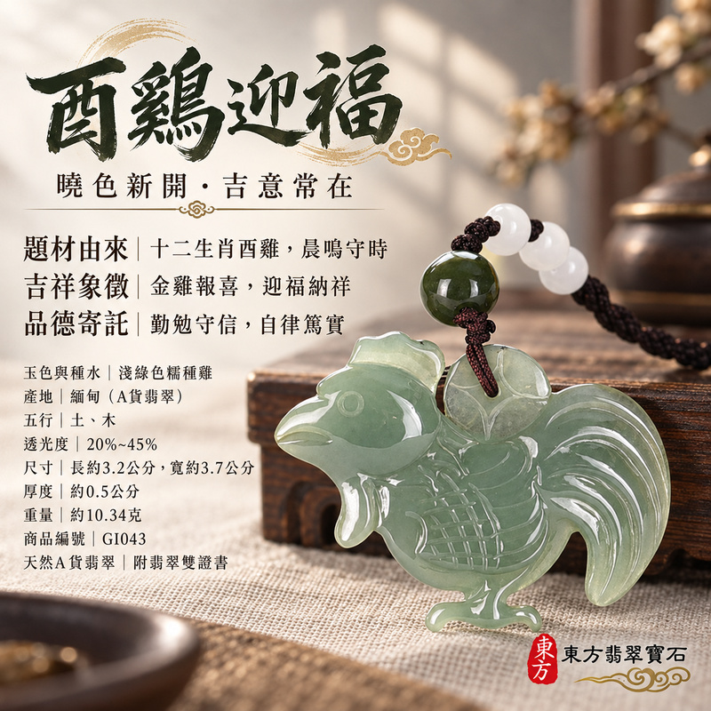 翡翠生肖雞項鍊玉珮|金雞報喜・勤勉守時・吉祥納福・前程光明・平安吉祥|天然A貨翡翠・緬甸玉・淺綠色・糯種|金雞報喜|雞玉珮・雞玉墜・雞吊墜・翡翠雞牌・雞項鍊・緬甸玉項鍊・A貨翡翠項鍊|GI043|男女翡翠項鍊・送禮收藏|客製化訂做翡翠雞玉珮、翡翠雞玉墜、翡翠雞吊墜、翡翠雞項鍊|附A貨翡翠雙證書・東方翡翠寶石 翡翠生肖雞項鍊玉珮|金雞報喜・勤勉守時・吉祥納福・前程光明・平安吉祥|天然A貨翡翠・緬甸玉・淺綠色・糯種|金雞報喜|雞玉珮・雞玉墜・雞吊墜・翡翠雞牌・雞項鍊・緬甸玉項鍊・A貨翡翠項鍊|GI043|男女翡翠項鍊・送禮收藏|客製化訂做翡翠雞玉珮、翡翠雞玉墜、翡翠雞吊墜、翡翠雞項鍊|附A貨翡翠雙證書・東方翡翠寶石