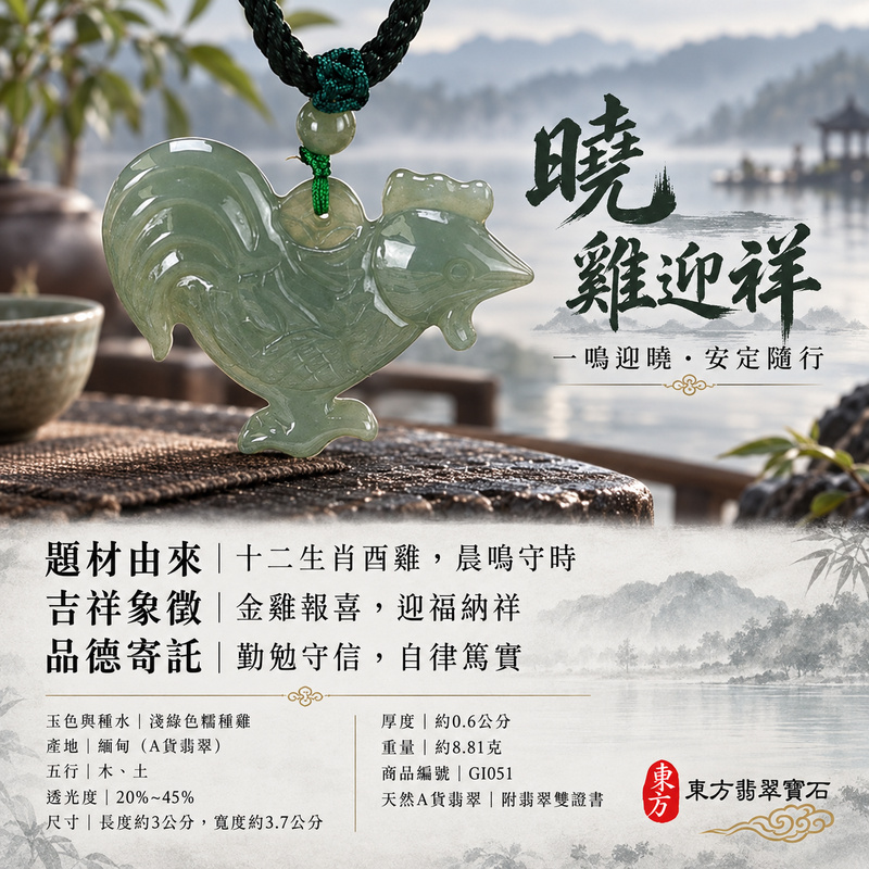 翡翠生肖雞項鍊玉珮|金雞報喜・勤勉守時・吉祥納福・前程光明・平安吉祥|天然A貨翡翠・緬甸玉・淺綠色・糯種|金雞報喜|雞玉珮・雞玉墜・雞吊墜・翡翠雞牌・雞項鍊・緬甸玉項鍊・A貨翡翠項鍊|GI051|男女翡翠項鍊・送禮收藏|客製化訂做翡翠雞玉珮、翡翠雞玉墜、翡翠雞吊墜、翡翠雞項鍊|附A貨翡翠雙證書・東方翡翠寶石 翡翠生肖雞項鍊玉珮|金雞報喜・勤勉守時・吉祥納福・前程光明・平安吉祥|天然A貨翡翠・緬甸玉・淺綠色・糯種|金雞報喜|雞玉珮・雞玉墜・雞吊墜・翡翠雞牌・雞項鍊・緬甸玉項鍊・A貨翡翠項鍊|GI051|男女翡翠項鍊・送禮收藏|客製化訂做翡翠雞玉珮、翡翠雞玉墜、翡翠雞吊墜、翡翠雞項鍊|附A貨翡翠雙證書・東方翡翠寶石