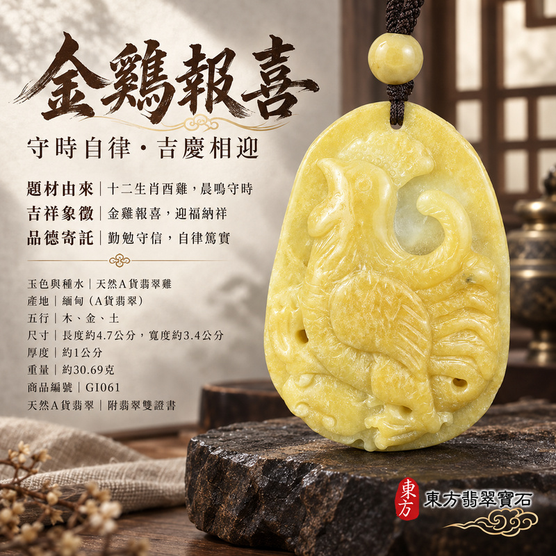 翡翠生肖雞項鍊玉珮｜金雞報喜・勤勉守時・吉祥納福・前程光明・平安吉祥｜天然A貨翡翠・緬甸玉・黃色・豆種｜金雞報喜｜雞玉珮・雞玉墜・雞吊墜・翡翠雞牌・雞項鍊・緬甸玉項鍊・A貨翡翠項鍊｜GI061｜男女翡翠項鍊・送禮收藏｜客製化訂做翡翠雞玉珮、翡翠雞玉墜、翡翠雞吊墜、翡翠雞項鍊｜附A貨翡翠雙證書・東方翡翠寶石