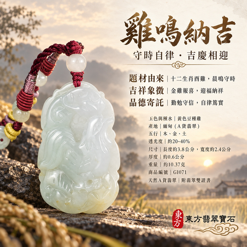 翡翠生肖雞項鍊玉珮｜金雞報喜・勤勉守時・吉祥納福・前程光明・平安吉祥｜天然A貨翡翠・緬甸玉・黃色・豆種｜金雞報喜｜雞玉珮・雞玉墜・雞吊墜・翡翠雞牌・雞項鍊・緬甸玉項鍊・A貨翡翠項鍊｜GI071｜男女翡翠項鍊・送禮收藏｜客製化訂做翡翠雞玉珮、翡翠雞玉墜、翡翠雞吊墜、翡翠雞項鍊｜附A貨翡翠雙證書・東方翡翠寶石