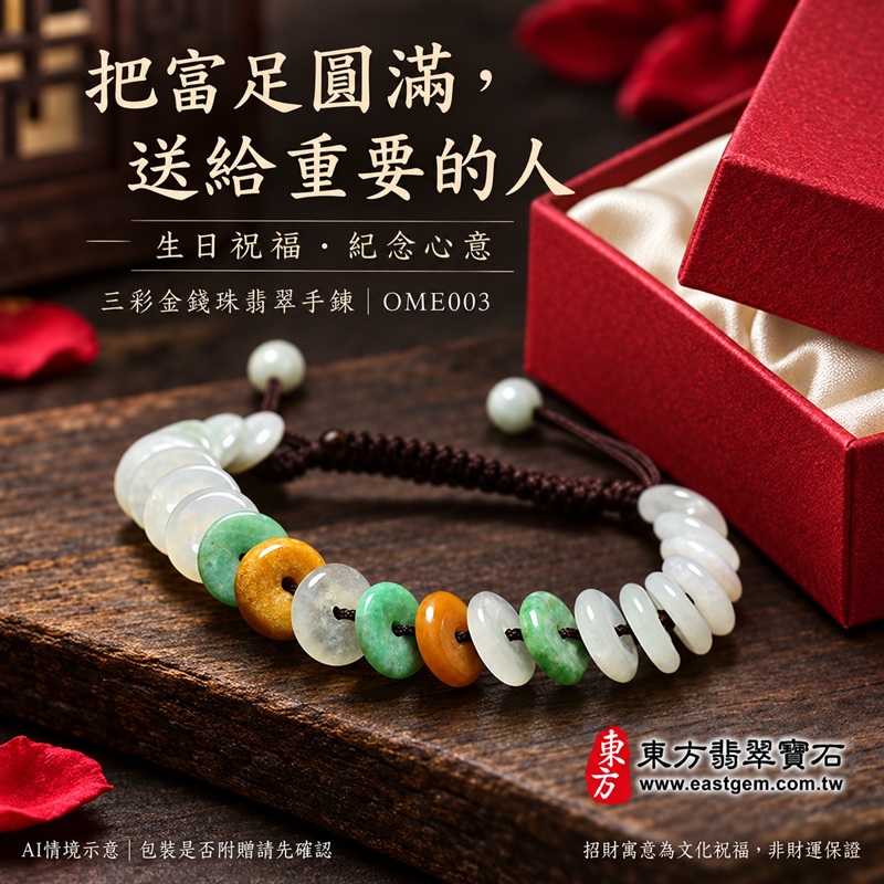 三彩金錢珠翡翠手鍊、三彩金錢珠緬甸玉手鍊|白綠黃三彩翡翠金錢珠、珠徑約9mm扁圓造型、中央穿孔、溫潤光澤、自然玉石紋理、深色編繩搭配|招財納福、富足喜悅、平安和諧、圓滿順心吉祥寓意|男女日常配戴、生日紀念送禮、自戴珍藏|客製化翡翠手鍊、翡翠手珠、翡翠珠串、翡翠珠子、緬甸玉手鍊、緬甸玉珠串與緬甸玉珠子搭配設計|附A貨翡翠雙證書|OME003-5 三彩金錢珠翡翠手鍊、三彩金錢珠緬甸玉手鍊|白綠黃三彩翡翠金錢珠、珠徑約9mm扁圓造型、中央穿孔、溫潤光澤、自然玉石紋理、深色編繩搭配|招財納福、富足喜悅、平安和諧、圓滿順心吉祥寓意|男女日常配戴、生日紀念送禮、自戴珍藏|客製化翡翠手鍊、翡翠手珠、翡翠珠串、翡翠珠子、緬甸玉手鍊、緬甸玉珠串與緬甸玉珠子搭配設計|附A貨翡翠雙證書|OME003-5