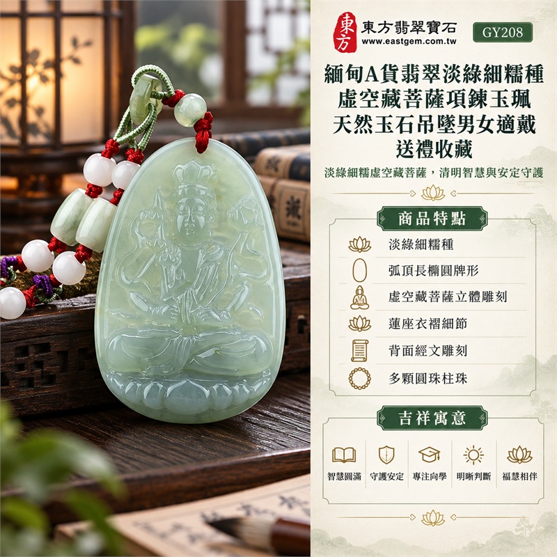 緬甸A貨翡翠淡綠細糯種虛空藏菩薩項鍊玉珮天然玉石吊墜男女適戴送禮收藏｜智慧圓滿・守護安定・專注向學・明晰判斷・福慧相伴｜淡綠細糯種・弧頂長橢圓牌形・虛空藏菩薩立體雕刻・蓮座衣褶細節・背面經文雕刻・多顆圓珠柱珠・綠繩紅結流蘇・清透柔光｜緬甸天然A貨翡翠淡綠細糯種玉料｜GY208虛空藏菩薩翡翠玉珮｜附中國玉石鑑定所鑑定證書與東方翡翠寶石保證書雙證書 1
