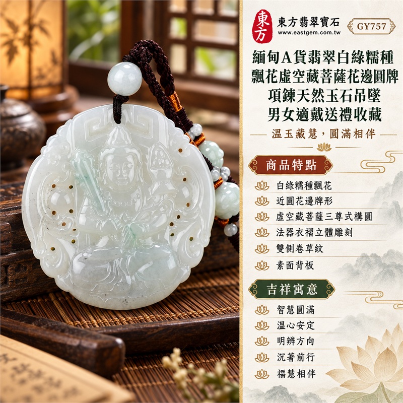 緬甸A貨翡翠白綠糯種飄花虛空藏菩薩花邊圓牌項鍊天然玉石吊墜男女適戴送禮收藏|智慧圓滿・溫心安定・明辨方向・沉著前行・福慧相伴|白綠糯種飄花・近圓花邊牌形・虛空藏菩薩三尊式構圖・法器衣褶立體雕刻・雙側卷草紋・素面背板・白玉頂珠・深棕雙股編繩・白綠多珠墜飾|緬甸天然A貨翡翠白綠糯種飄花玉料|GY757虛空藏菩薩花邊圓牌翡翠玉珮|附中國玉石鑑定所鑑定證書與東方翡翠寶石保證書雙證書 1 緬甸A貨翡翠白綠糯種飄花虛空藏菩薩花邊圓牌項鍊天然玉石吊墜男女適戴送禮收藏|智慧圓滿・溫心安定・明辨方向・沉著前行・福慧相伴|白綠糯種飄花・近圓花邊牌形・虛空藏菩薩三尊式構圖・法器衣褶立體雕刻・雙側卷草紋・素面背板・白玉頂珠・深棕雙股編繩・白綠多珠墜飾|緬甸天然A貨翡翠白綠糯種飄花玉料|GY757虛空藏菩薩花邊圓牌翡翠玉珮|附中國玉石鑑定所鑑定證書與東方翡翠寶石保證書雙證書 1