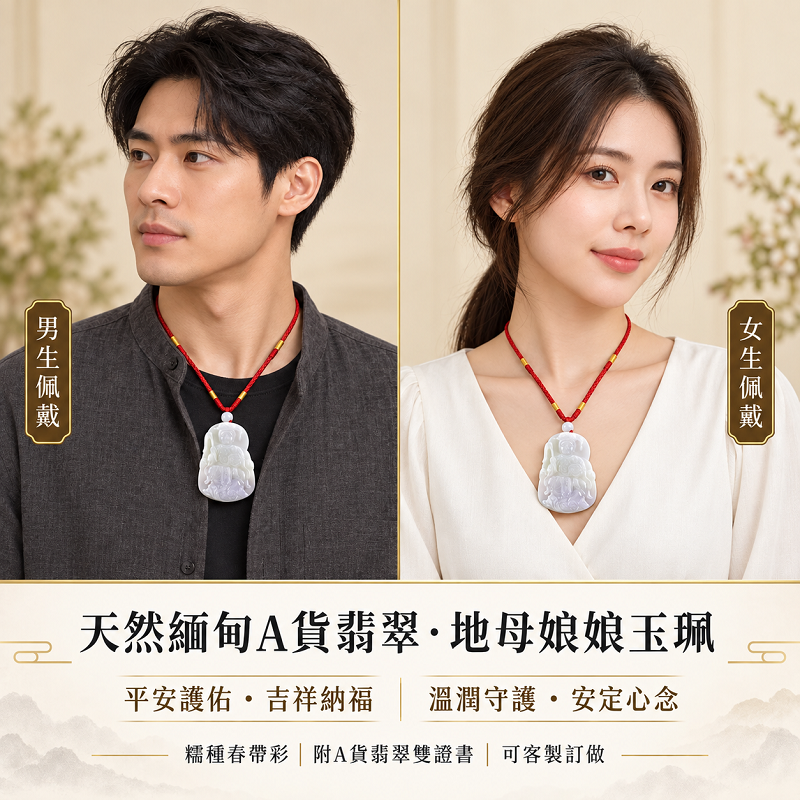 天然緬甸A貨翡翠地母娘娘玉珮｜糯種春帶彩地母元君玉牌玉墜吊墜項鍊・平安護佑吉祥納福｜QN015・附A貨翡翠雙證書・可客製化訂做各式翡翠地母娘娘吊墜玉珮項鍊2