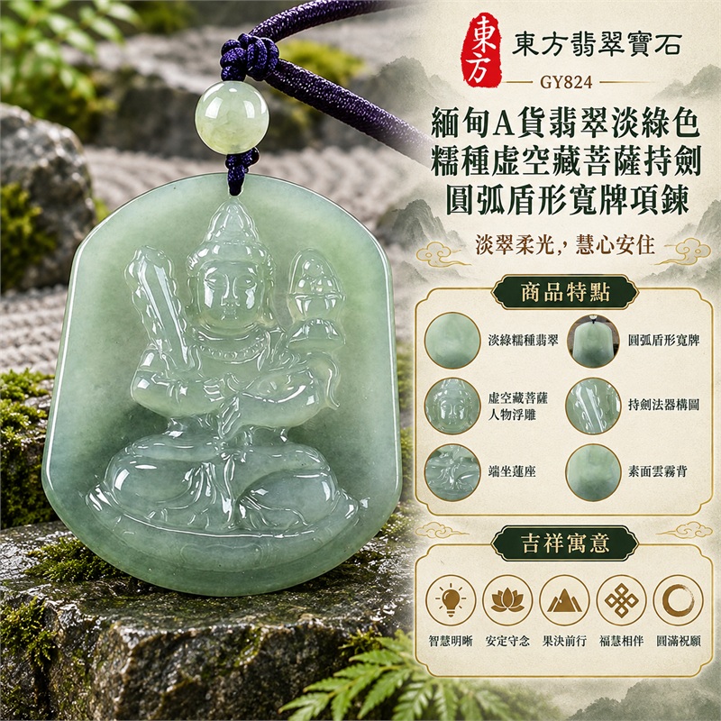 緬甸A貨翡翠淡綠色糯種虛空藏菩薩持劍圓弧盾形寬牌項鍊天然玉石吊墜送禮收藏｜智慧明晰・安定守念・果決前行・福慧相伴・圓滿祝願｜淡綠糯種翡翠・圓弧盾形寬牌・虛空藏菩薩人物浮雕・持劍法器構圖・端坐蓮座・素面雲霧背・淡綠圓珠・深紫雙股編繩｜緬甸天然A貨翡翠淡綠色糯種玉料｜GY824虛空藏菩薩持劍翡翠玉珮｜同題材翡翠吊墜項鍊客製需求與款式討論｜附中國玉石鑑定所鑑定證書與東方翡翠寶石保證書雙證書 1
