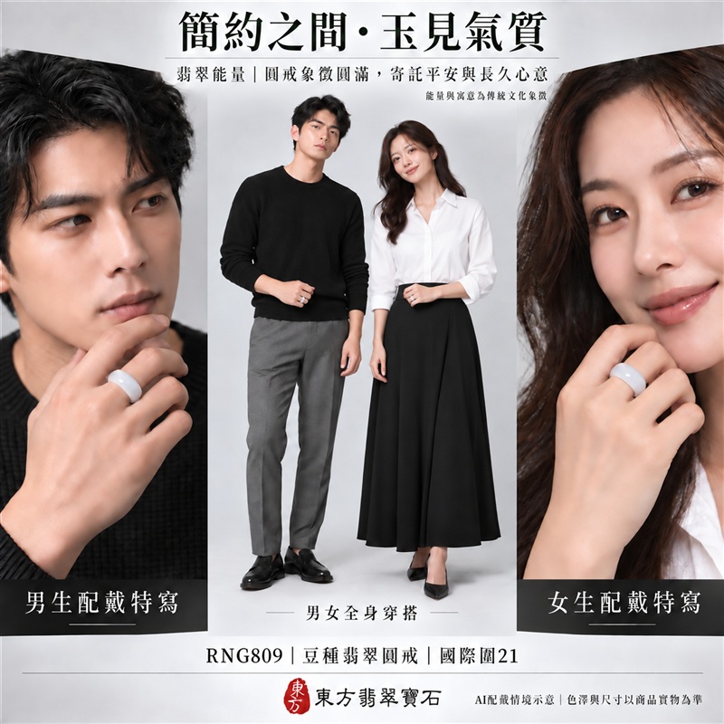 A貨緬甸天然翡翠戒指｜豆種翡翠圓戒 國際圍21｜豆種晶粒質感 自然玉石紋理 樸實典雅的東方玉飾風格｜圓形戒身寄寓圓滿和合、平安順遂、吉祥如意、福氣常伴與情緣長久｜翡翠玉戒 緬甸玉戒指 圓戒 版指戒 版戒指 板指戒｜日常佩戴 自用收藏 生日贈禮 紀念日心意 結婚戒指與情侶對戒選款｜可客製化訂做各式翡翠戒指、吊墜、玉珮與項鍊｜RNG809｜附A貨翡翠雙證書2