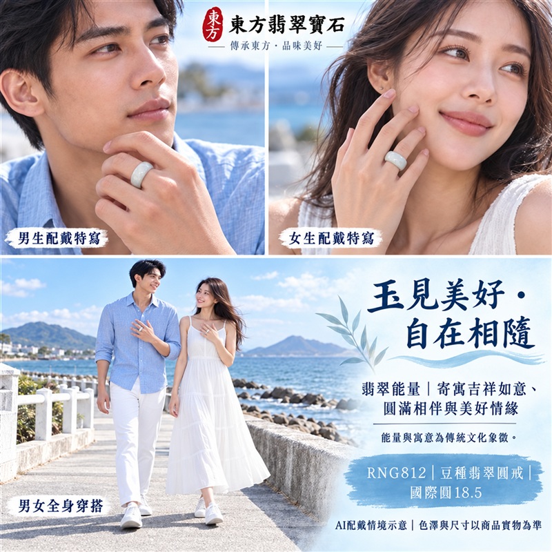 A貨緬甸天然翡翠戒指｜豆種翡翠圓戒 國際圍18.5｜豆種晶粒質感 自然玉石紋理 樸實典雅的東方玉飾風格｜圓形戒身寄寓圓滿和合、平安順遂、吉祥如意、福氣常伴與情緣長久｜翡翠玉戒 緬甸玉戒指 圓戒 版指戒 版戒指 板指戒｜日常佩戴 自用收藏 生日贈禮 紀念日心意 結婚戒指與情侶對戒選款｜可客製化訂做各式翡翠戒指、吊墜、玉珮與項鍊｜RNG812｜附A貨翡翠雙證書2