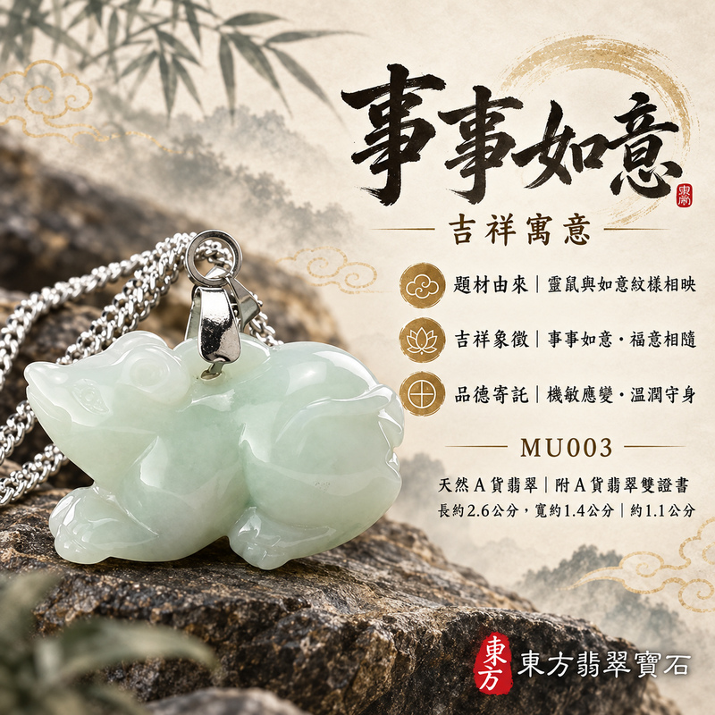 已售出可訂做｜翡翠生肖鼠項鍊玉珮｜靈巧機敏・福祿豐足・家業興旺・福運相隨・平安吉祥・萬事如意｜天然A貨翡翠・白底青｜如意鼠，事事如意｜鼠玉珮・鼠玉墜・鼠吊墜・翡翠鼠牌・鼠項鍊・緬甸玉項鍊・A貨翡翠項鍊｜MU003｜男女翡翠項鍊・送禮收藏｜客製化訂做翡翠鼠玉珮、翡翠鼠玉墜、翡翠鼠吊墜、翡翠鼠項鍊｜附A貨翡翠雙證書・東方翡翠寶石