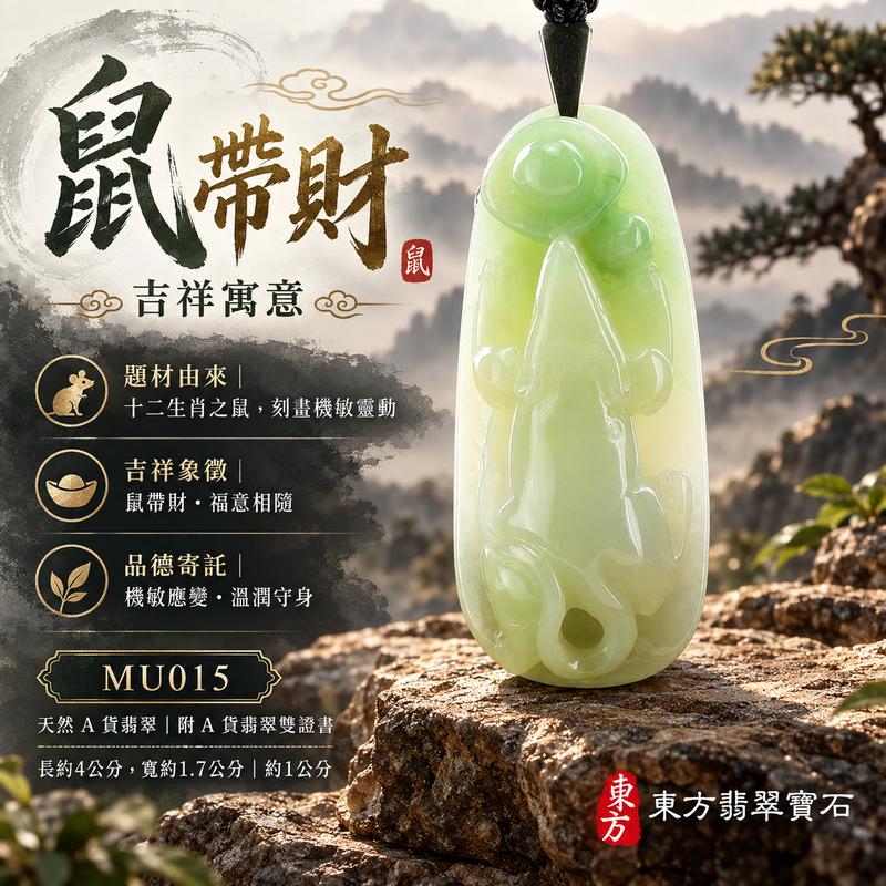 已售出可訂做｜翡翠生肖鼠項鍊玉珮｜靈巧機敏・福祿豐足・家業興旺・福運相隨・平安吉祥・招財納福｜天然A貨翡翠・緬甸玉・白底青｜鼠與錢，鼠帶財｜鼠玉珮・鼠玉墜・鼠吊墜・翡翠鼠牌・鼠項鍊・緬甸玉項鍊・A貨翡翠項鍊｜MU015｜男女翡翠項鍊・送禮收藏｜客製化訂做翡翠鼠玉珮、翡翠鼠玉墜、翡翠鼠吊墜、翡翠鼠項鍊｜附A貨翡翠雙證書・東方翡翠寶石