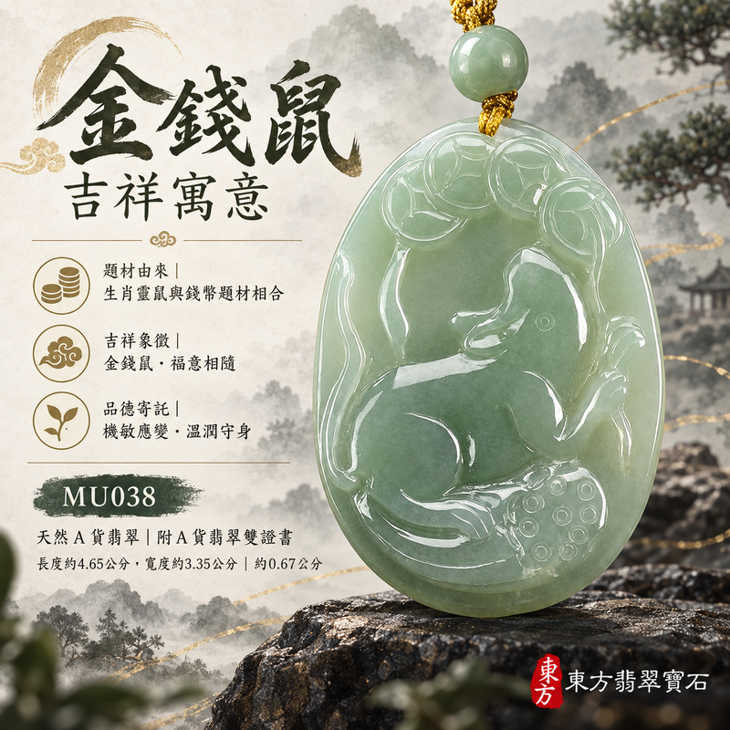 已售出可訂做｜翡翠生肖鼠項鍊玉珮｜靈巧機敏・福祿豐足・家業興旺・福運相隨・平安吉祥｜天然A貨翡翠・緬甸玉・淺綠・糯種｜金錢鼠｜鼠玉珮・鼠玉墜・鼠吊墜・翡翠鼠牌・鼠項鍊・緬甸玉項鍊・A貨翡翠項鍊｜MU038｜男女翡翠項鍊・送禮收藏｜客製化訂做翡翠鼠玉珮、翡翠鼠玉墜、翡翠鼠吊墜、翡翠鼠項鍊｜附A貨翡翠雙證書・東方翡翠寶石
