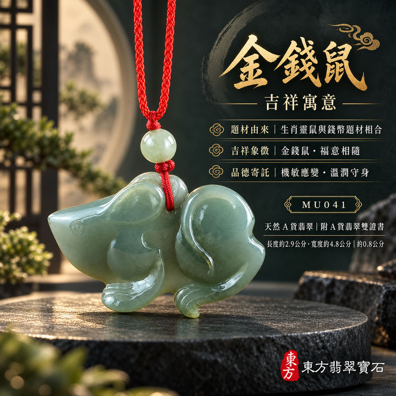 翡翠生肖鼠項鍊玉珮｜靈巧機敏・福祿豐足・家業興旺・福運相隨・平安吉祥｜天然A貨翡翠・緬甸玉・淺綠色・糯種｜金錢鼠｜鼠玉珮・鼠玉墜・鼠吊墜・翡翠鼠牌・鼠項鍊・緬甸玉項鍊・A貨翡翠項鍊｜MU041｜男女翡翠項鍊・送禮收藏｜客製化訂做翡翠鼠玉珮、翡翠鼠玉墜、翡翠鼠吊墜、翡翠鼠項鍊｜附A貨翡翠雙證書・東方翡翠寶石