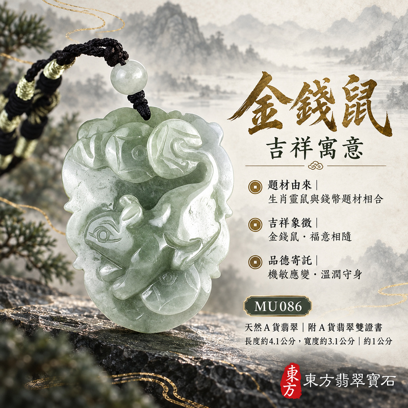 翡翠生肖鼠項鍊玉珮｜靈巧機敏・福祿豐足・家業興旺・福運相隨・平安吉祥｜天然A貨翡翠・緬甸玉・綠色・糯種｜金錢鼠｜鼠玉珮・鼠玉墜・鼠吊墜・翡翠鼠牌・鼠項鍊・緬甸玉項鍊・A貨翡翠項鍊｜MU086｜男女翡翠項鍊・送禮收藏｜客製化訂做翡翠鼠玉珮、翡翠鼠玉墜、翡翠鼠吊墜、翡翠鼠項鍊｜附A貨翡翠雙證書・東方翡翠寶石