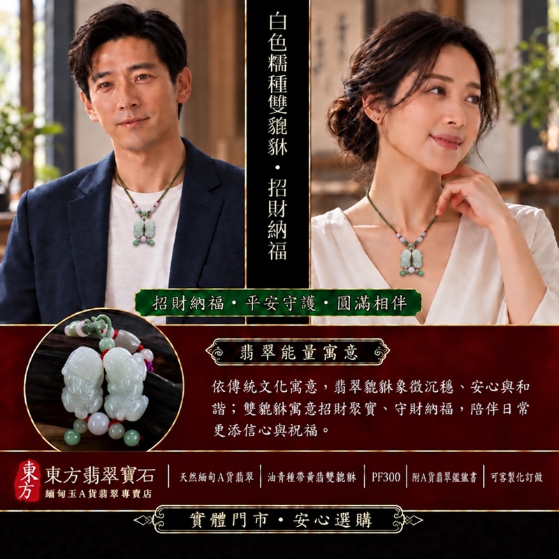天然緬甸A貨翡翠白色糯種雙貔貅項鍊玉珮｜招財進寶・守財聚寶・辟邪護佑・平安吉祥｜男女皆宜玉墜吊墜項鍊｜附中國玉石鑑定所翡翠鑑定證書及東方翡翠寶石保證書｜商品編號PF300｜可洽客製訂做同類款式｜實體門市安心選購・天然玉石收藏送禮推薦