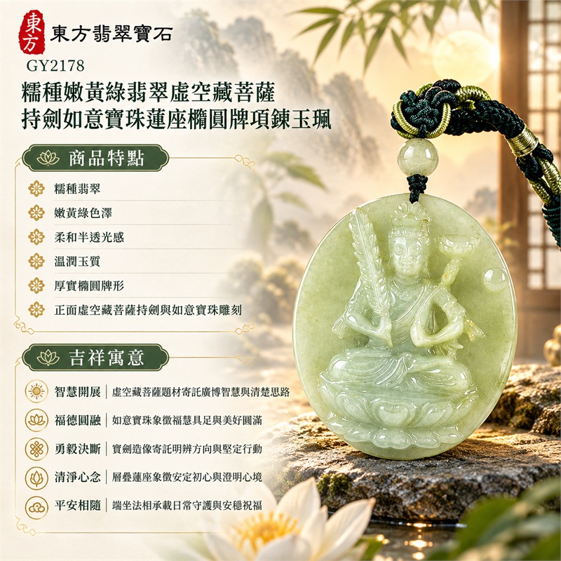 緬甸A貨糯種嫩黃綠翡翠虛空藏菩薩寶劍如意寶珠蓮座橢圓牌編繩項鍊玉珮|智慧開展、福德圓融、勇毅決斷、清淨心念、平安相隨|糯種翡翠、嫩黃綠色澤、柔和半透光感、溫潤玉質、厚實橢圓牌形、正面虛空藏菩薩持劍與如意寶珠雕刻、層疊蓮座、天然雲霧紋理素面背部、淺綠圓珠、深青綠編繩與亮綠金色繞線|緬甸A貨翡翠|GY2178|可客製化訂做翡翠虛空藏菩薩吊墜玉珮項鍊|附中國玉石鑑定所SH24052300227與東方翡翠寶石GY2178雙證書 1 緬甸A貨糯種嫩黃綠翡翠虛空藏菩薩寶劍如意寶珠蓮座橢圓牌編繩項鍊玉珮|智慧開展、福德圓融、勇毅決斷、清淨心念、平安相隨|糯種翡翠、嫩黃綠色澤、柔和半透光感、溫潤玉質、厚實橢圓牌形、正面虛空藏菩薩持劍與如意寶珠雕刻、層疊蓮座、天然雲霧紋理素面背部、淺綠圓珠、深青綠編繩與亮綠金色繞線|緬甸A貨翡翠|GY2178|可客製化訂做翡翠虛空藏菩薩吊墜玉珮項鍊|附中國玉石鑑定所SH24052300227與東方翡翠寶石GY2178雙證書 1