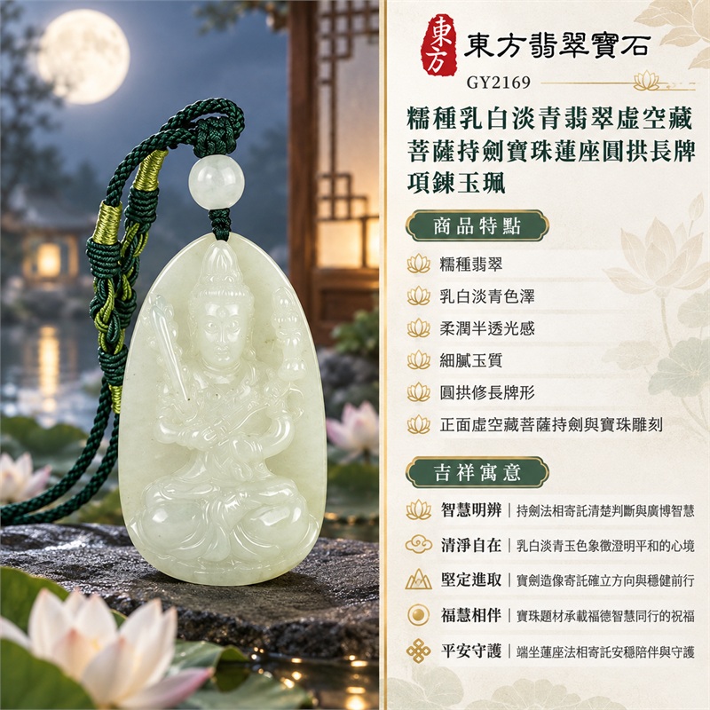 緬甸A貨糯種乳白淡青翡翠虛空藏菩薩寶劍寶珠蓮座圓拱長牌編繩項鍊玉珮|智慧明辨、清淨自在、堅定進取、福慧相伴、平安守護|糯種翡翠、乳白淡青色澤、柔潤半透光感、細膩玉質、圓拱修長牌形、正面虛空藏菩薩持劍與寶珠雕刻、層疊蓮座、背面三組圓弧浮紋、淺色圓珠、深綠編繩與亮綠金色繞線|緬甸A貨翡翠|GY2169|可客製化訂做翡翠虛空藏菩薩吊墜玉珮項鍊|附中國玉石鑑定所SH24040600301與東方翡翠寶石GY2169雙證書 1 緬甸A貨糯種乳白淡青翡翠虛空藏菩薩寶劍寶珠蓮座圓拱長牌編繩項鍊玉珮|智慧明辨、清淨自在、堅定進取、福慧相伴、平安守護|糯種翡翠、乳白淡青色澤、柔潤半透光感、細膩玉質、圓拱修長牌形、正面虛空藏菩薩持劍與寶珠雕刻、層疊蓮座、背面三組圓弧浮紋、淺色圓珠、深綠編繩與亮綠金色繞線|緬甸A貨翡翠|GY2169|可客製化訂做翡翠虛空藏菩薩吊墜玉珮項鍊|附中國玉石鑑定所SH24040600301與東方翡翠寶石GY2169雙證書 1