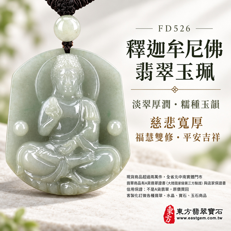 淡翠厚潤糯種釋迦牟尼佛翡翠玉珮｜FD526｜佛祖天然A貨緬甸玉項鍊吊墜・淡綠玉色柔雅清新・糯種質感溫潤含蓄・玉體厚實飽滿｜寓意慈悲寬厚、智慧覺照、明心向善、福慧雙修、心境清明、平安吉祥｜可客製訂做各式翡翠釋迦牟尼佛吊墜玉珮項鍊｜附A貨翡翠雙證書1