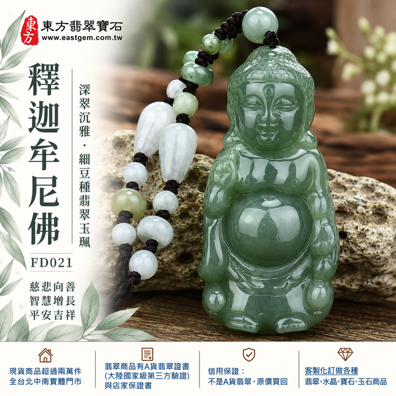 深翠沉雅細豆種釋迦牟尼佛翡翠玉珮｜FD021｜佛祖天然A貨緬甸玉項鍊吊墜・暗綠玉色沉穩內斂・細豆種玉質扎實樸潤・佛祖站姿右手結法印・神態慈祥安然｜寓意慈悲向善、智慧增長、福慧雙修、清淨守心、善念相伴、沉穩自省、心境平和、平安吉祥｜可客製訂做各式翡翠釋迦牟尼佛吊墜玉珮項鍊｜附A貨翡翠雙證書1