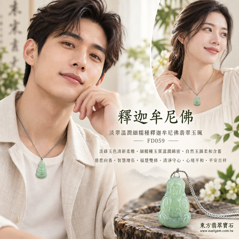 淡翠溫潤細糯種釋迦牟尼佛翡翠玉珮｜FD059｜佛祖天然A貨緬甸玉項鍊吊墜・淡綠玉色清新柔雅・細糯種玉質溫潤綿密・自然玉韻柔和含蓄・佛祖坐姿結印持缽神態祥和｜寓意慈悲向善、智慧增長、福慧雙修、清淨守心、善念相伴、知足修心、心境平和、平安吉祥｜可客製訂做各式翡翠釋迦牟尼佛吊墜玉珮項鍊｜附A貨翡翠雙證書2