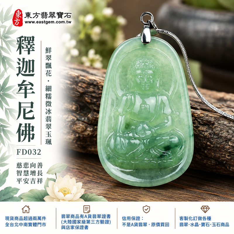 鮮翠飄花細糯微冰釋迦牟尼佛翡翠玉珮｜FD032｜佛祖天然A貨緬甸玉項鍊吊墜・鮮綠玉色深淺自然交融・細糯種兼具微冰清潤質感・底部深綠帶天然暗綠飄花・佛祖盤坐蓮花左手持缽｜寓意慈悲向善、智慧增長、福慧雙修、清淨守心、知足修心、善緣相伴、心境平和、平安吉祥｜可客製訂做各式翡翠釋迦牟尼佛吊墜玉珮項鍊｜附A貨翡翠雙證書1