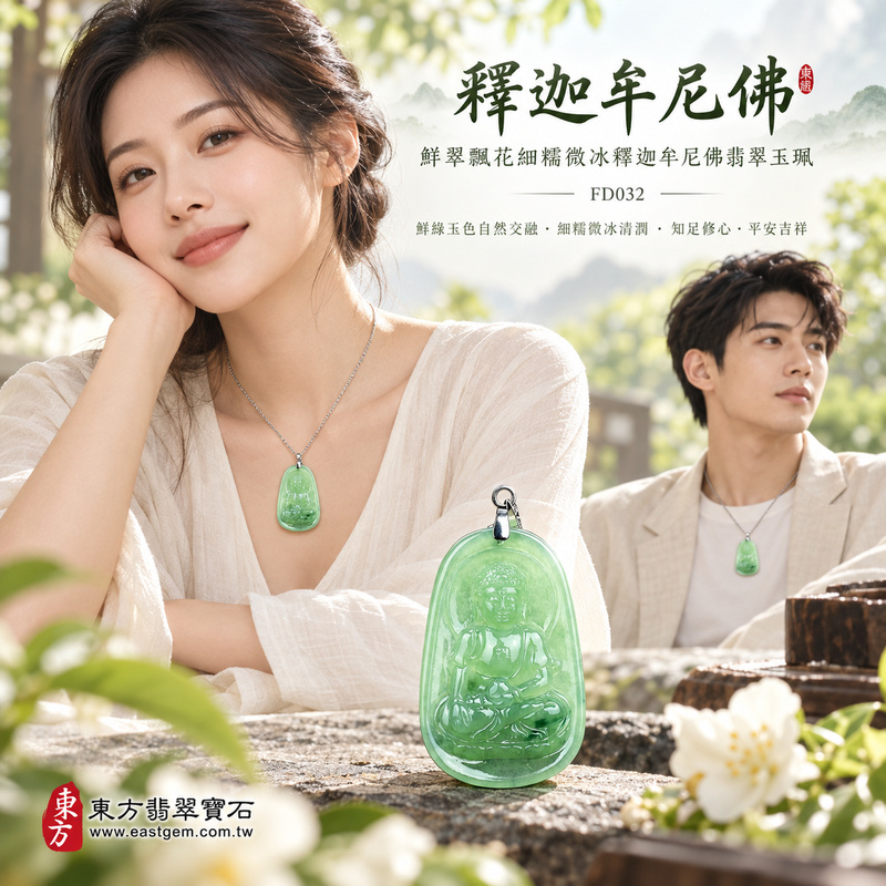 鮮翠飄花細糯微冰釋迦牟尼佛翡翠玉珮｜FD032｜佛祖天然A貨緬甸玉項鍊吊墜・鮮綠玉色深淺自然交融・細糯種兼具微冰清潤質感・底部深綠帶天然暗綠飄花・佛祖盤坐蓮花左手持缽｜寓意慈悲向善、智慧增長、福慧雙修、清淨守心、知足修心、善緣相伴、心境平和、平安吉祥｜可客製訂做各式翡翠釋迦牟尼佛吊墜玉珮項鍊｜附A貨翡翠雙證書2