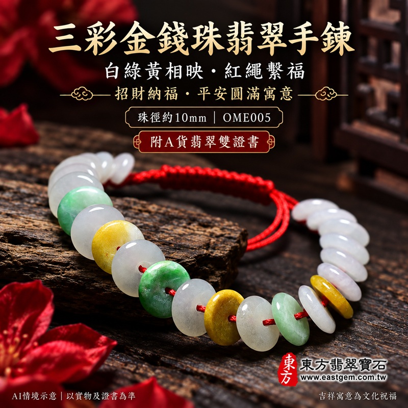 三彩金錢珠翡翠手鍊、三彩金錢珠緬甸玉手鍊｜白綠黃三彩翡翠金錢珠、珠徑約10mm扁圓造型、中央穿孔、溫潤光澤、自然玉石紋理、紅色編繩搭配｜紅繩繫福、招財納福、富足喜悅、平安和諧、圓滿順心吉祥寓意｜男女日常配戴、生日紀念送禮、自戴珍藏｜客製化翡翠手鍊、翡翠手珠、翡翠珠串、翡翠珠子、緬甸玉手鍊、緬甸玉珠串與緬甸玉珠子搭配設計｜附A貨翡翠雙證書｜OME005-1
