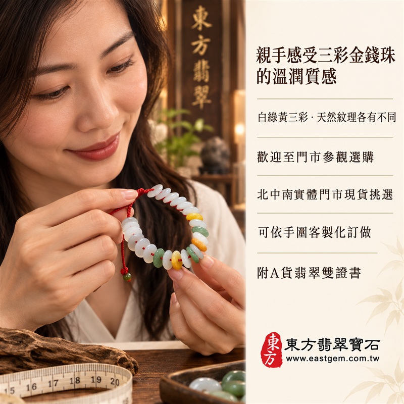 天然A貨三彩金錢珠翡翠手鍊|三彩金錢珠緬甸玉手鍊|白翡翠×綠翡翠×黃翡翠金錢珠|白綠黃三彩相映・色澤溫潤・珠珠呈現天然紋理與獨特風貌|金錢珠扁圓造型・紅色編繩串連・典雅醒目|招財納福・財源廣進・福祿圓滿・平安吉祥|三彩翡翠傳統文化寓意|珠徑約10mm・精緻輕巧・男女皆宜|天然翡翠珠串・緬甸玉手珠・日常佩戴送禮收藏|可依手圍客製化設計各式翡翠珠串|附中國玉石鑑定證書與東方翡翠寶石保證書雙證書|OME007-4 天然A貨三彩金錢珠翡翠手鍊|三彩金錢珠緬甸玉手鍊|白翡翠×綠翡翠×黃翡翠金錢珠|白綠黃三彩相映・色澤溫潤・珠珠呈現天然紋理與獨特風貌|金錢珠扁圓造型・紅色編繩串連・典雅醒目|招財納福・財源廣進・福祿圓滿・平安吉祥|三彩翡翠傳統文化寓意|珠徑約10mm・精緻輕巧・男女皆宜|天然翡翠珠串・緬甸玉手珠・日常佩戴送禮收藏|可依手圍客製化設計各式翡翠珠串|附中國玉石鑑定證書與東方翡翠寶石保證書雙證書|OME007-4