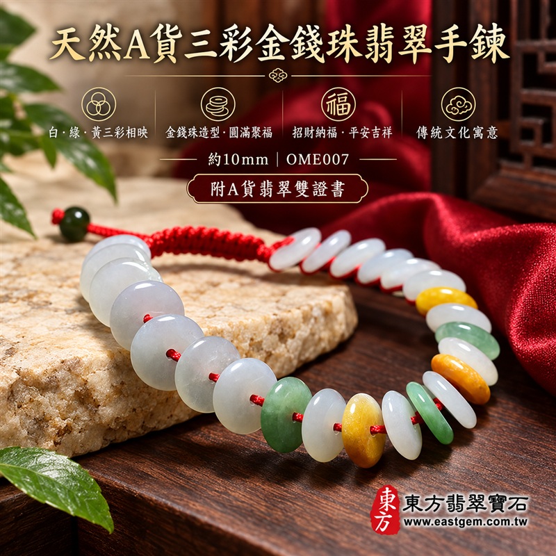 天然A貨三彩金錢珠翡翠手鍊|三彩金錢珠緬甸玉手鍊|白翡翠×綠翡翠×黃翡翠金錢珠|白綠黃三彩相映・色澤溫潤・珠珠呈現天然紋理與獨特風貌|金錢珠扁圓造型・紅色編繩串連・典雅醒目|招財納福・財源廣進・福祿圓滿・平安吉祥|三彩翡翠傳統文化寓意|珠徑約10mm・精緻輕巧・男女皆宜|天然翡翠珠串・緬甸玉手珠・日常佩戴送禮收藏|可依手圍客製化設計各式翡翠珠串|附中國玉石鑑定證書與東方翡翠寶石保證書雙證書|OME007-2 天然A貨三彩金錢珠翡翠手鍊|三彩金錢珠緬甸玉手鍊|白翡翠×綠翡翠×黃翡翠金錢珠|白綠黃三彩相映・色澤溫潤・珠珠呈現天然紋理與獨特風貌|金錢珠扁圓造型・紅色編繩串連・典雅醒目|招財納福・財源廣進・福祿圓滿・平安吉祥|三彩翡翠傳統文化寓意|珠徑約10mm・精緻輕巧・男女皆宜|天然翡翠珠串・緬甸玉手珠・日常佩戴送禮收藏|可依手圍客製化設計各式翡翠珠串|附中國玉石鑑定證書與東方翡翠寶石保證書雙證書|OME007-2