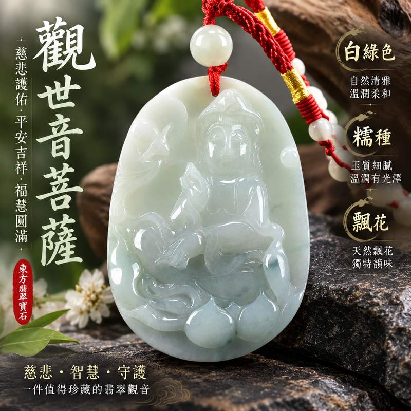 白綠色糯種飄花觀世音菩薩翡翠玉珮 I 慈悲護佑平安吉祥福慧圓滿 I 緬甸玉觀音玉墜 GY1035 白綠色糯種飄花玉質特色 I 觀世音菩薩慈悲守護日常祈福佩戴 I 長約6.18公分寬約4.27公分厚約0.77公分 I 緬甸A貨翡翠觀音玉珮附雙證書1 白綠色糯種飄花觀世音菩薩翡翠玉珮 I 慈悲護佑平安吉祥福慧圓滿 I 緬甸玉觀音玉墜 GY1035 白綠色糯種飄花玉質特色 I 觀世音菩薩慈悲守護日常祈福佩戴 I 長約6.18公分寬約4.27公分厚約0.77公分 I 緬甸A貨翡翠觀音玉珮附雙證書1