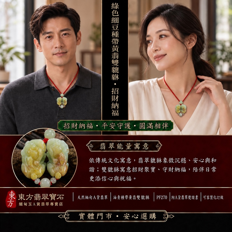 天然緬甸A貨翡翠綠色細豆種帶黃翡雙貔貅項鍊玉珮｜招財進寶・守財納福・辟邪護佑・平安吉祥｜公母貔貅成對雕刻玉墜｜紅色編繩，搭配灰綠圓珠與灰白小珠｜附中國玉石鑑定所證書與東方翡翠寶石保證書｜商品編號PF270｜可客製化訂做翡翠吊墜玉珮項鍊