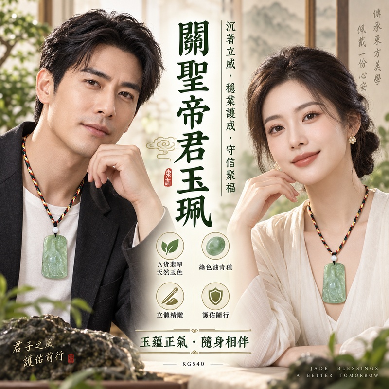 翡翠關公項鍊玉珮｜關聖帝君沉著立威‧穩業護成‧守信聚福｜A貨翡翠綠色油青種‧天然玉色‧立體精雕｜緬甸玉關公玉墜‧關公牌玉珮KG540｜客製化訂做各式翡翠關公吊墜玉珮項鍊｜附A貨翡翠雙證書2